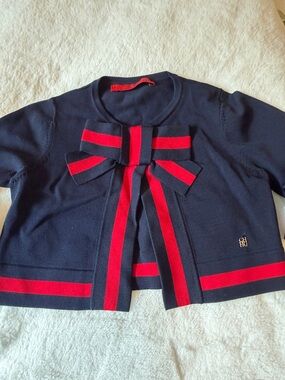 Carolina Herrera Navy and Red Girls Ribbon-Front Cardigan